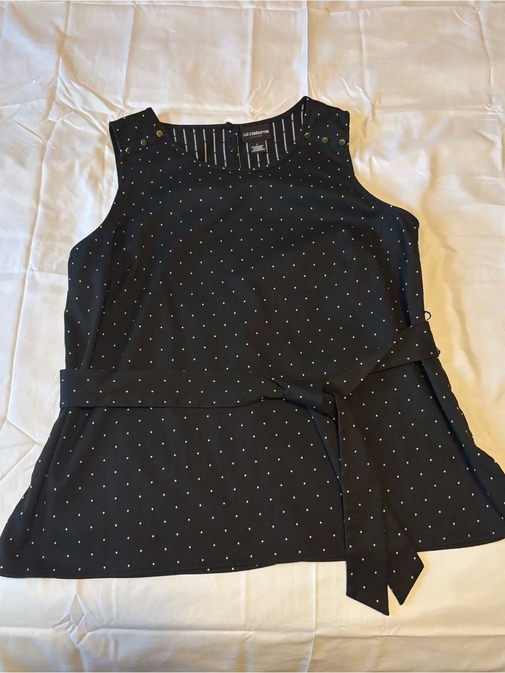 Liz Claiborne Black Tank Top with White Polka Dots and Tie Waist